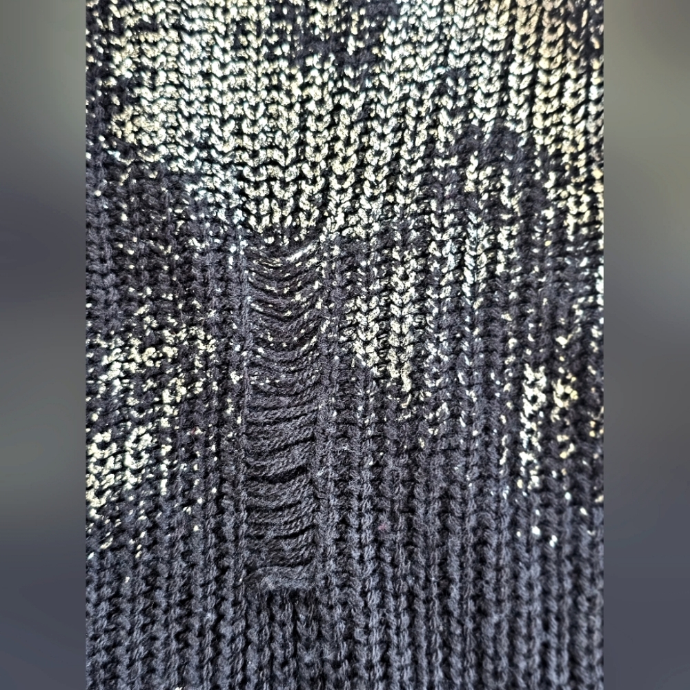 Love More Black & Metallic Silver Distressed Grunge Cold Shoulder Sweater Size L - Picture 6 of 11